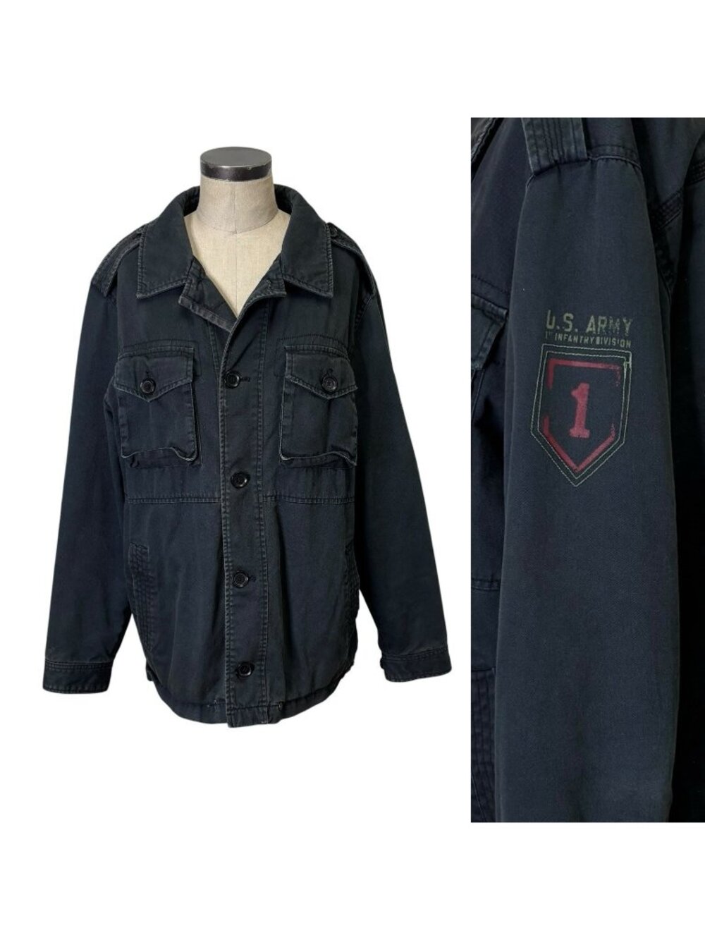 Vintage US Army Issued 1st Infantry Field Jacket Coat Large Gray Big Red 1 Patch